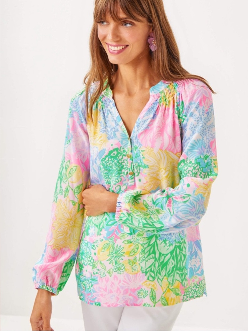 NEW Lilly Pulitzer Elsa Silk Top Multi Bright Delight Patch NWT blouse. Sk4